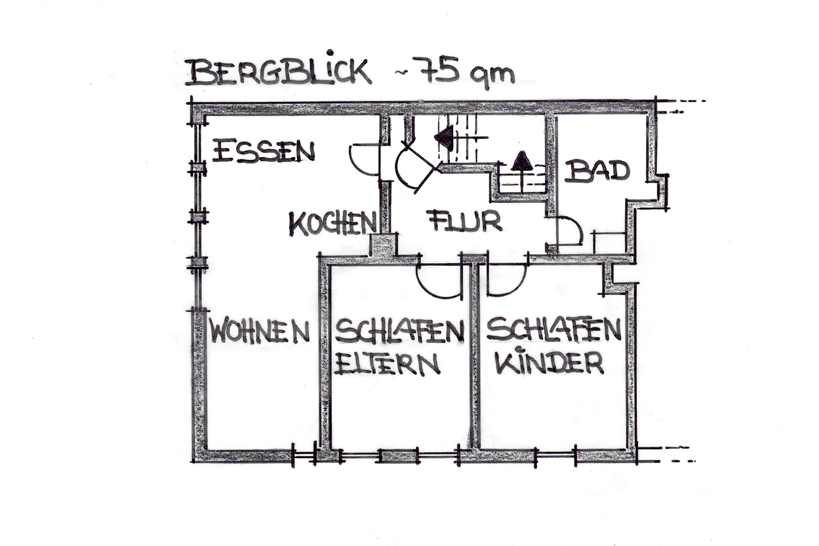 Grundriss Ferienwohnung Bergblick, 2 Schlafzimmer, geräumige Wohnküche mit Sofaecke, Bad