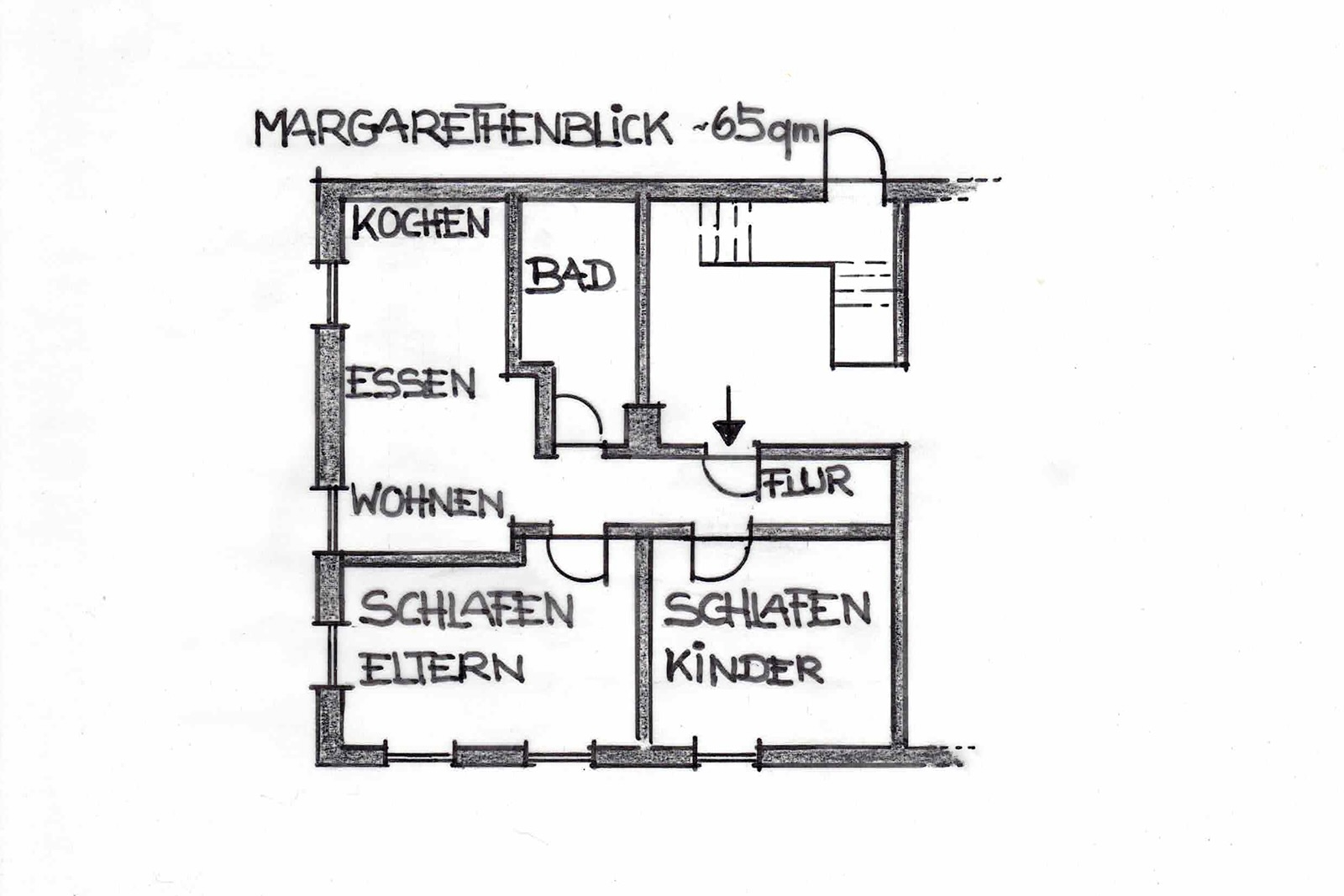 Grundriss Ferienwohnung Margarethenblick, ca. 65qm Grundfläche, 2 Schlafzimmer, Bad und offene Wohnküche mit angrenzender Sofaecke