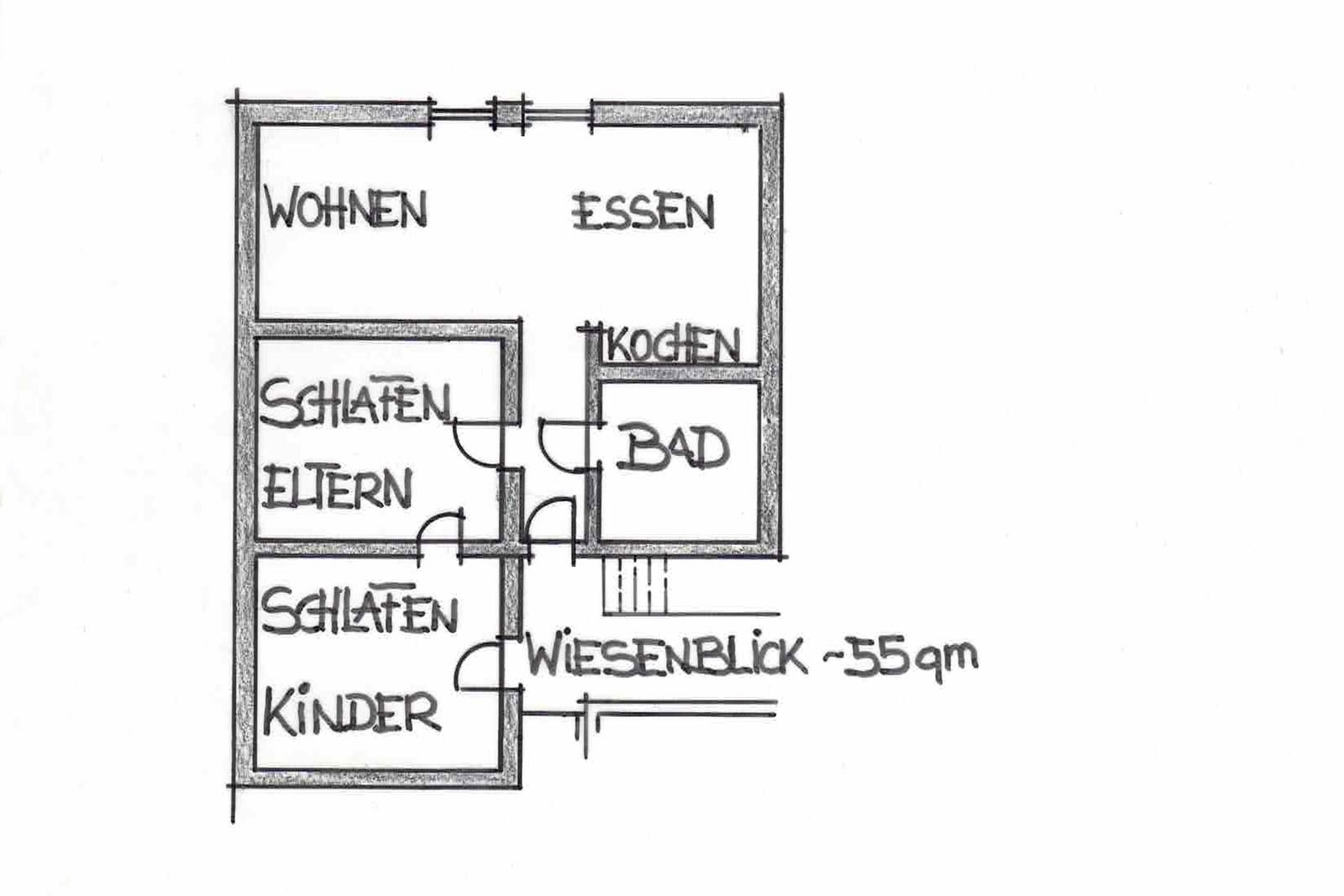 Grundriss Ferienwohnung Wiesenblick, ca. 35qm Grundfläche, 2 Schlafzimmer, Bad und offener Wohnküche mit angrenzender Sofaecke